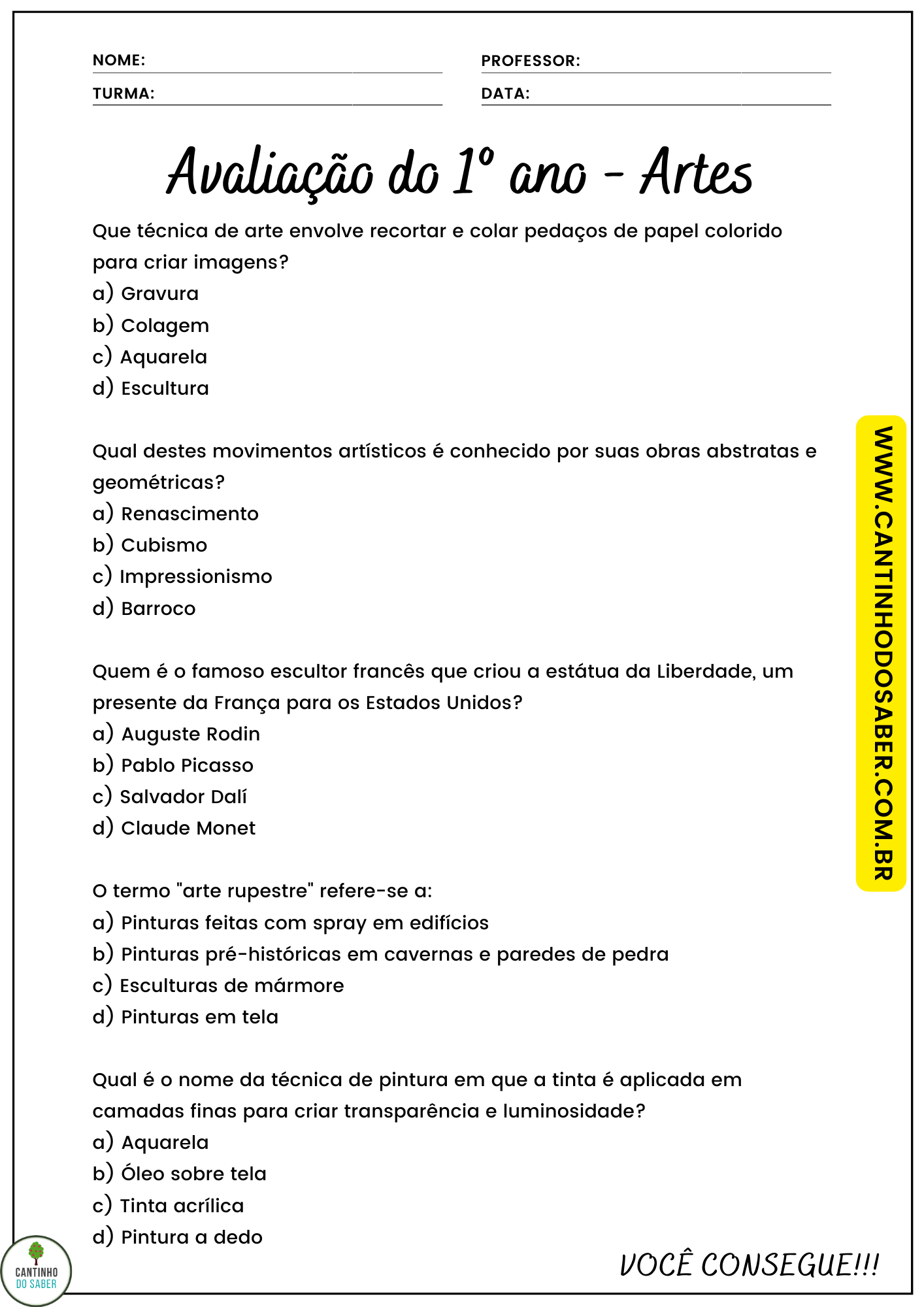 AVALIAÇÃO DE ARTES 1º ANO - 1º BIMESTRE - ENSINO FUNDAMENTAL