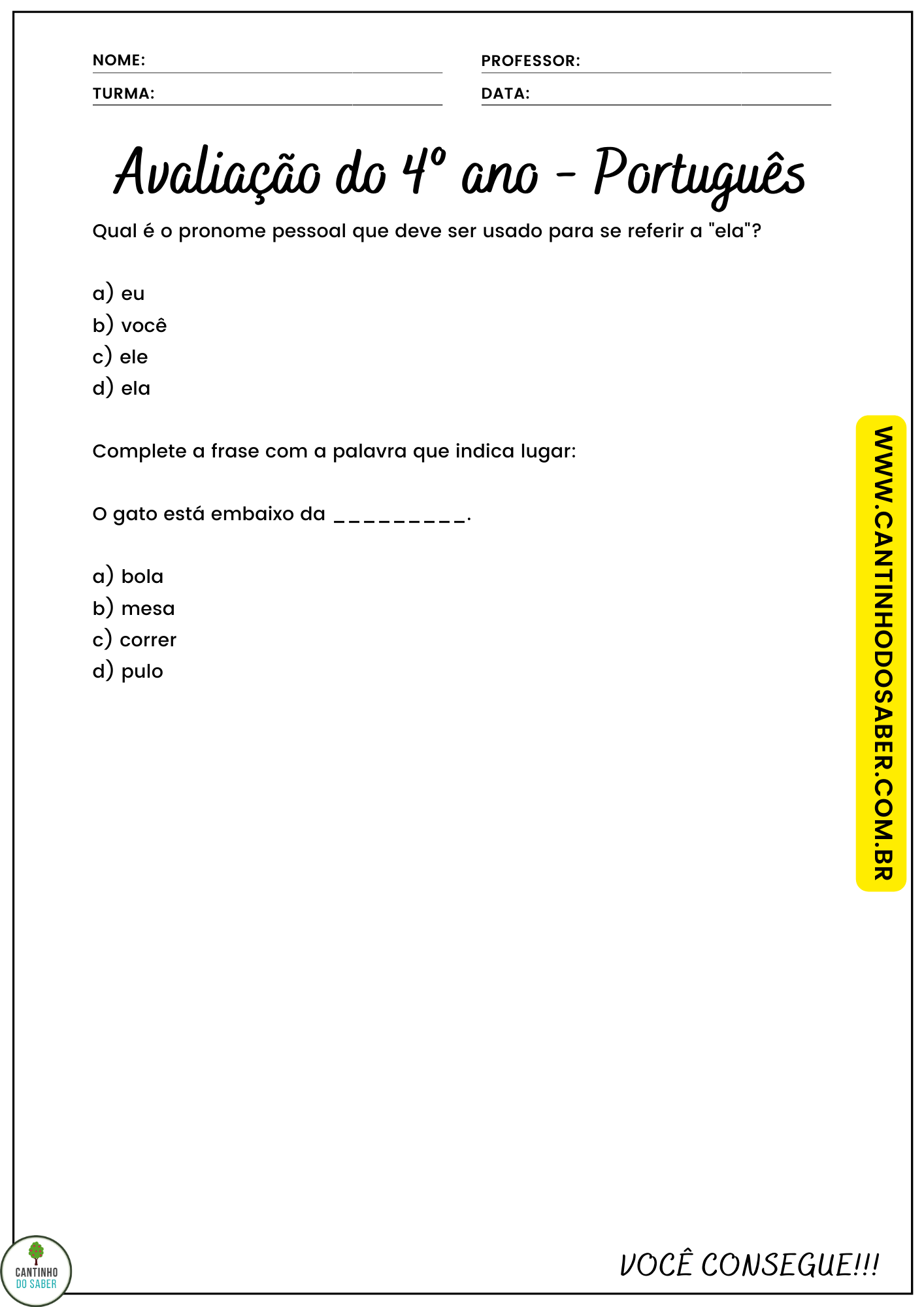 AVALIAÇÃO 4 ANO DE PORTUGUÊS - 1 BIMESTRE - Atividades para a Educação ...