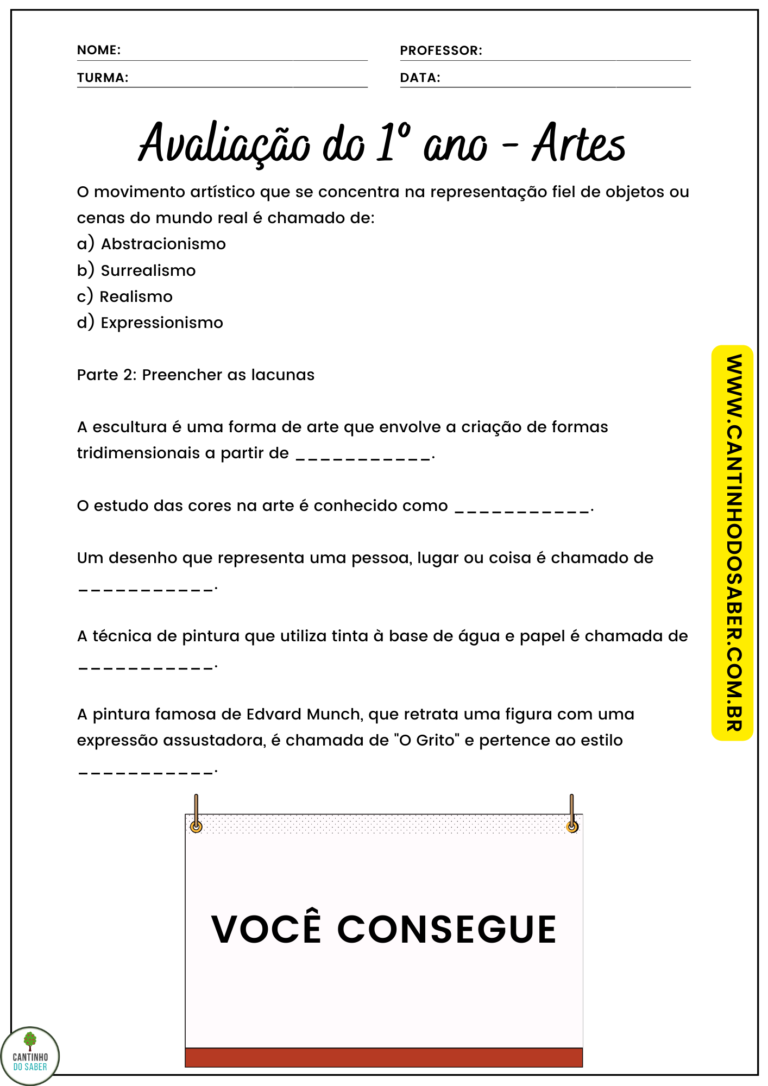 AVALIAÇÃO DE ARTES 1º ANO - 1º BIMESTRE - ENSINO FUNDAMENTAL