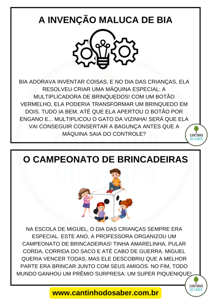 FICHAS COM PEQUENAS LEITURAS PARA EDUCAÇÃO INFANTIL - TEMA DIA DAS CRIANÇAS