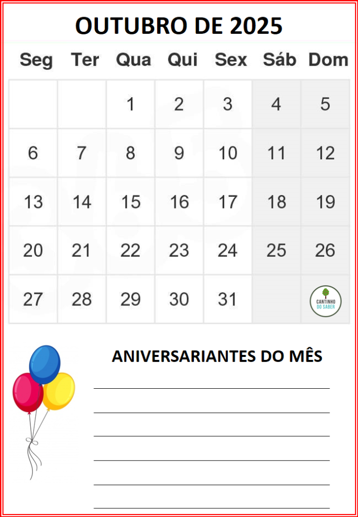 CALENDÁRIO 2025 - 1 mês por folha