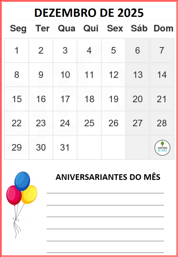 CALENDÁRIO 2025 - 1 mês por folha