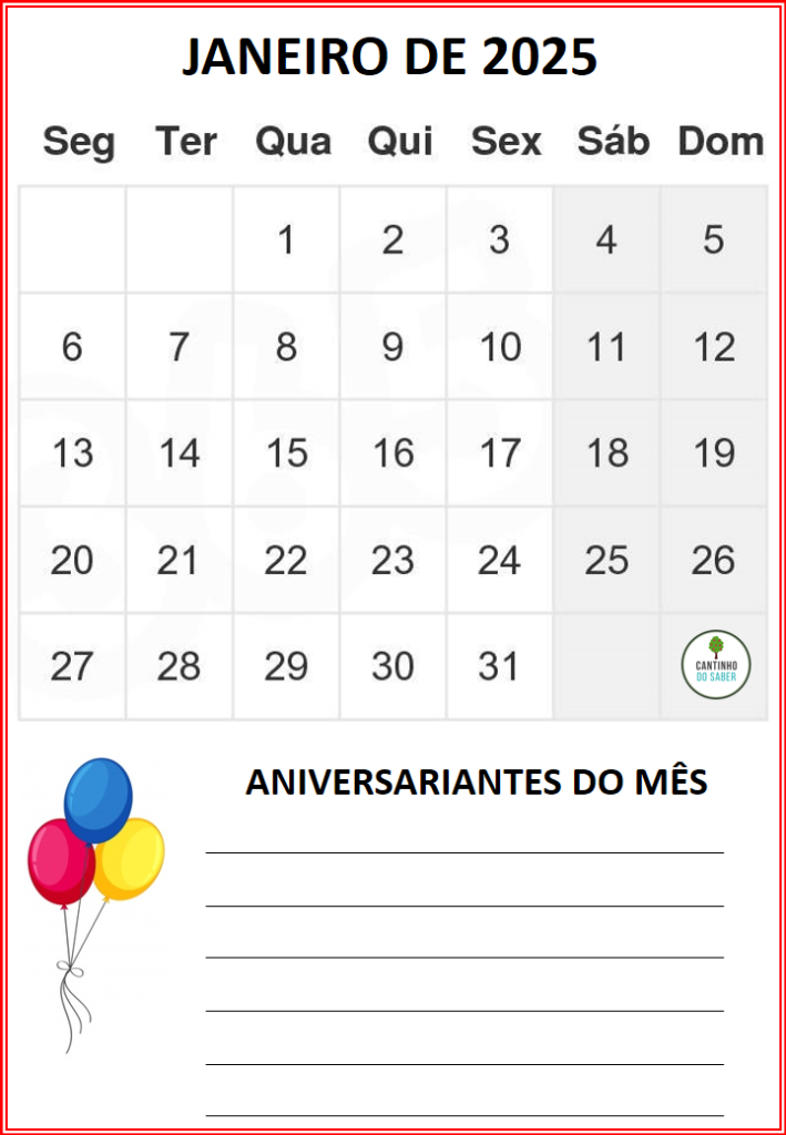 CALENDÁRIO 2025 - 1 mês por folha