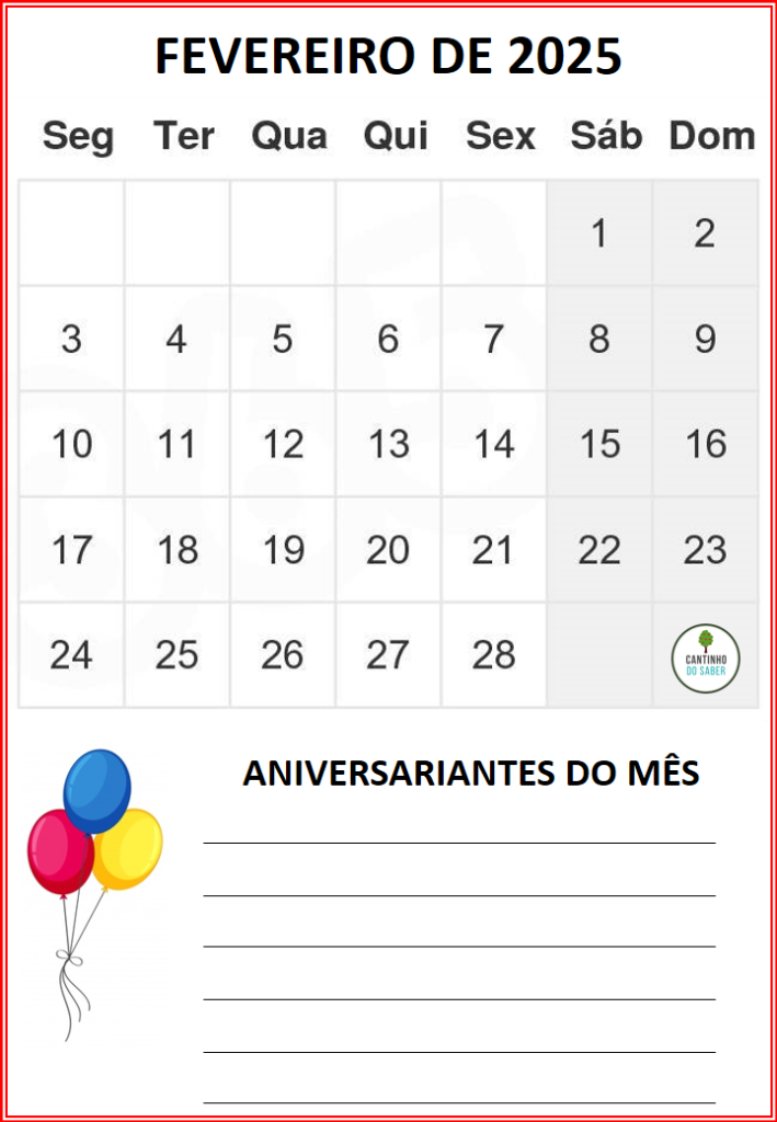 CALENDÁRIO 2025 - 1 mês por folha