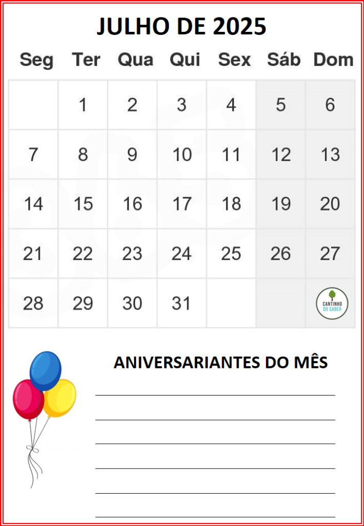 CALENDÁRIO 2025 - 1 mês por folha