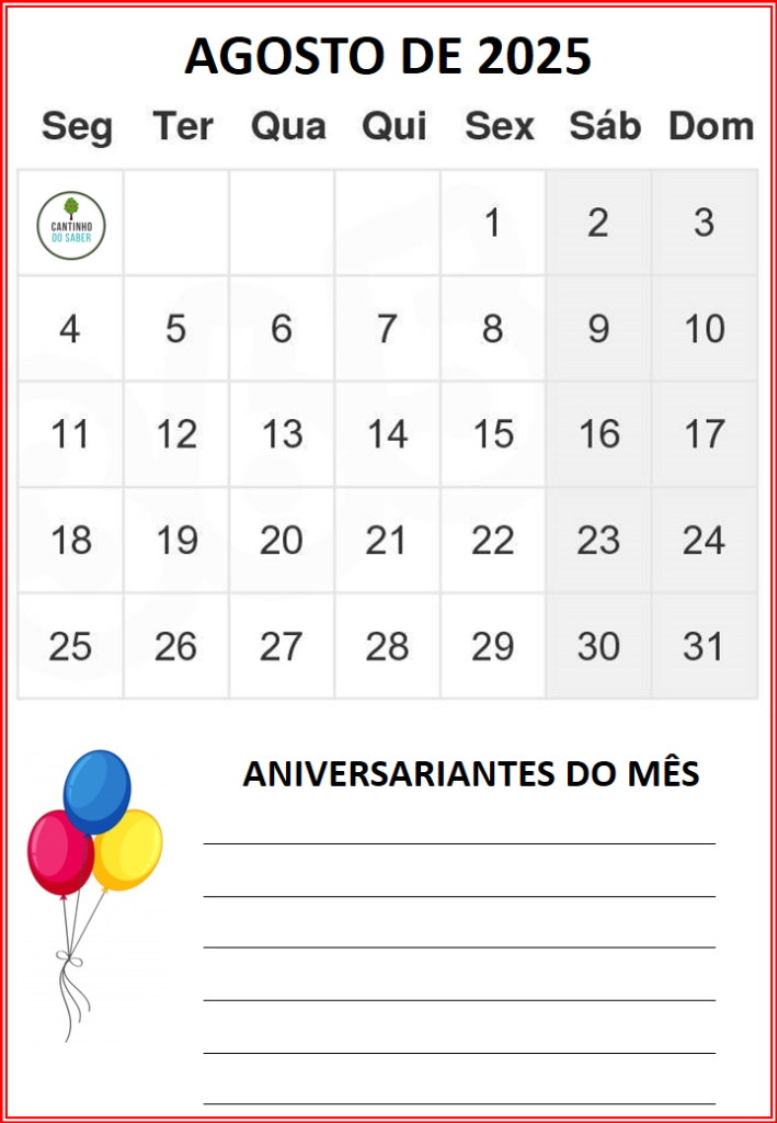 CALENDÁRIO 2025 - 1 mês por folha