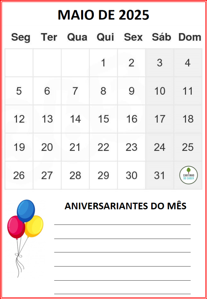 CALENDÁRIO 2025 - 1 mês por folha